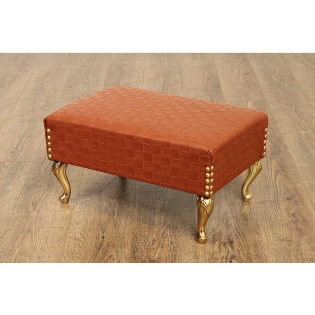 Metal Italian Hollywood Regency Pair of Brass and Leather Foot Stools For Sale - Image 7 of 12