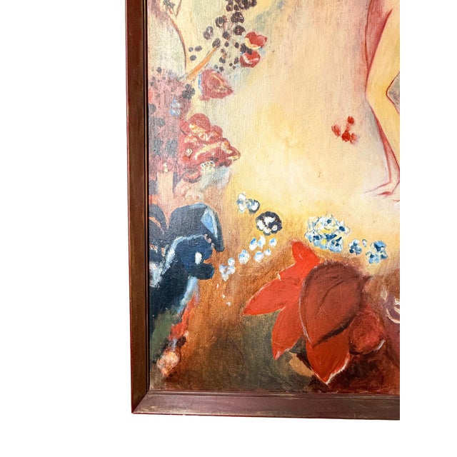 A striking vintage surrealist figural oil painting featuring a softly rendered nude female figure set within a dreamlike,...