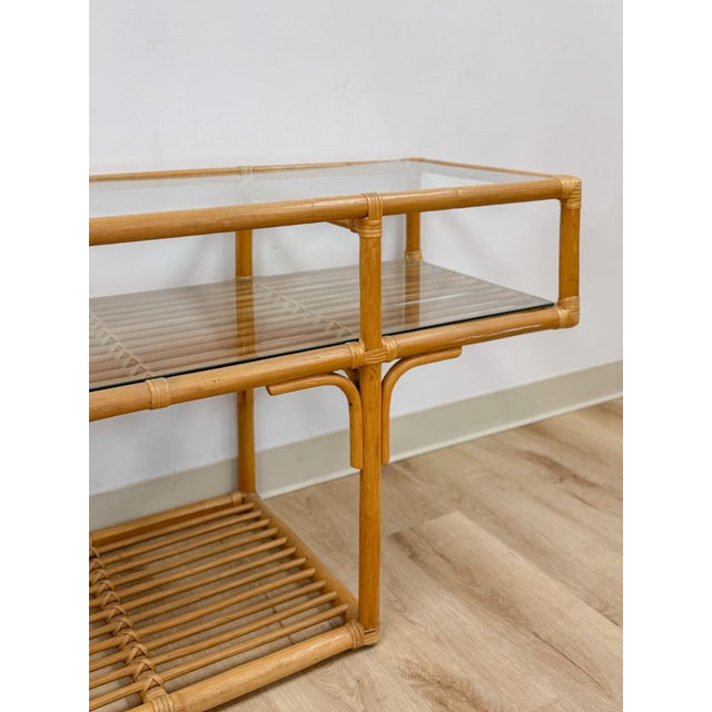 Vintage Console Table Rattan Two-Tier Glass Top Coastal Entryway Sofa Table Rare For Sale - Image 12 of 13