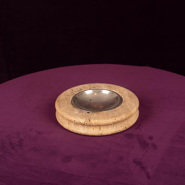 Stone Round Italian Travertine Ashtray with Removable Metal Dish, 1970 For Sale - Image 7 of 12