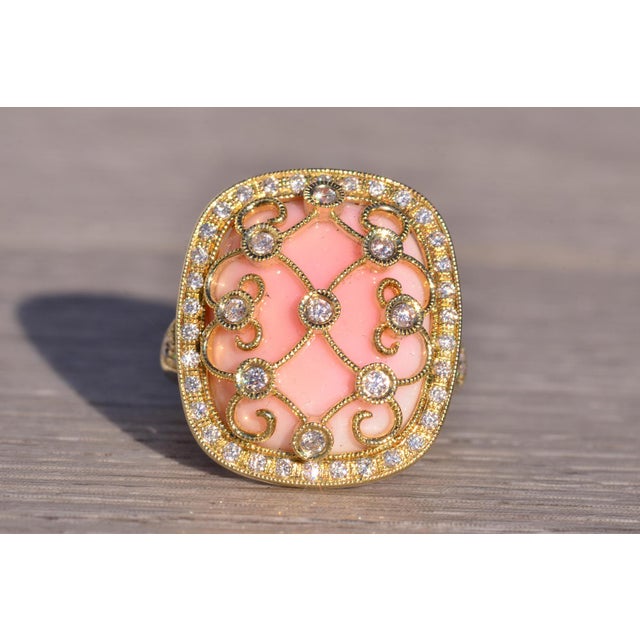 The 154th Avenue: Pink Coral and Natural Diamond Cocktail Ring in Yellow Gold For Sale - Image 4 of 11