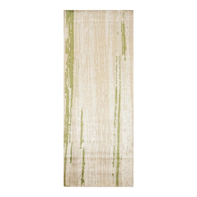 Contemporary Beige Green Runner Geometric Floral Silk Rug by Rug & Kilim For Sale