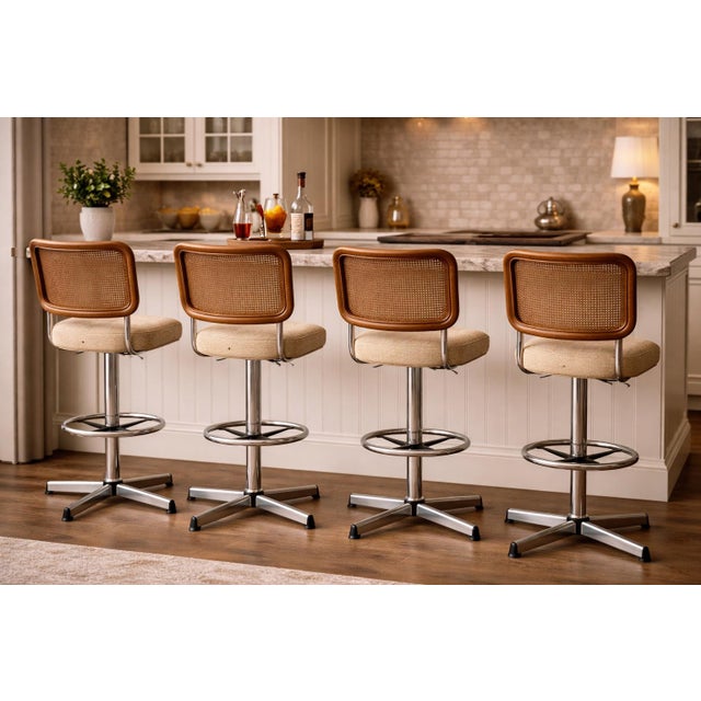Almond Set of Four Cane-Back Bar Stools, Elaine R. Estate, 1970s For Sale - Image 8 of 8