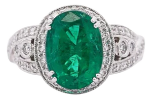 5.5 Carat Oval Cut Emerald & Diamond 18k White Gold Filigree Crossover Ring, Size 7.75