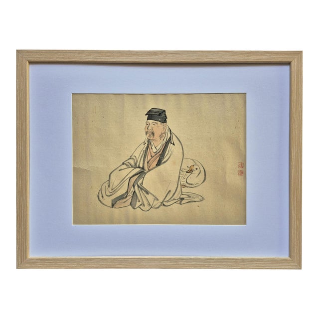 Antique Japanese Meiji Era Painting of Zen Monk and Goose – Newly Framed For Sale