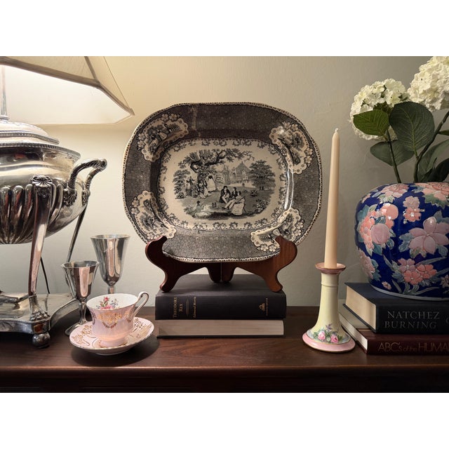 Victorian Mid-19th Century English Black Transferware Romantic Scenic Platter, Circa 1850–1870 For Sale - Image 3 of 18