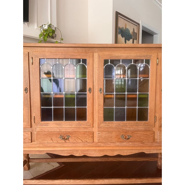Wood Mid-Century Danish Oak Leaded Stained Glass Sideboard For Sale - Image 7 of 9