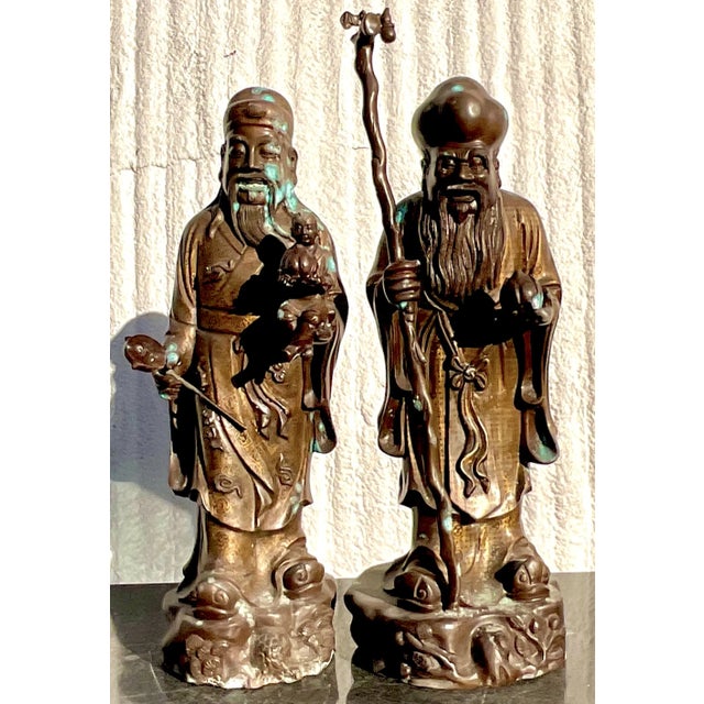 Mid 20th Century Vintage Japanese Bronze Ancestral Figures - Set of 2 For Sale - Image 5 of 6
