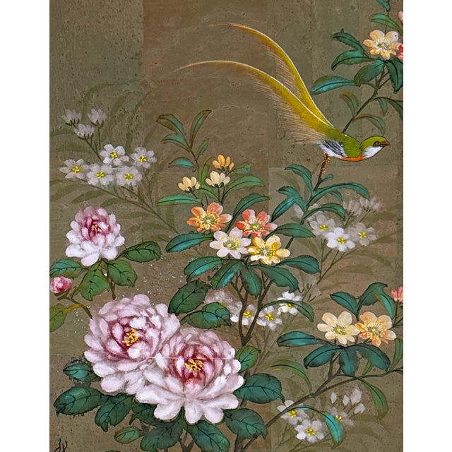 Original Chinese Floral Painting With Birds, Signed, Custom Mat For Sale - Image 9 of 12