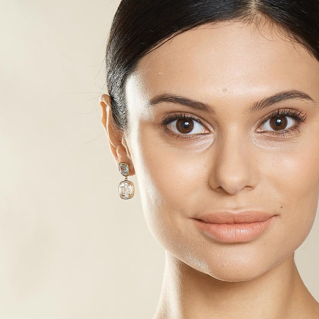 Contemporary Syna Yellow Gold Blue Topaz and Rock Crystal Diamond Earrings, a Pair For Sale - Image 3 of 6