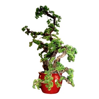 Tall Double Cedar Trunk Faux Pine Bonsai Tree in a Cinnabar Glazed Terra Cotta Planter For Sale