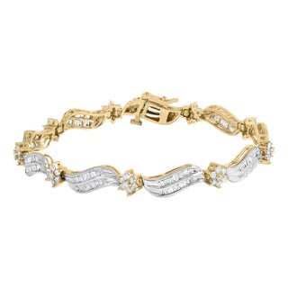 10K Yellow and White Gold 3.00 Cttw Diamond Cluster and Wave Link Bracelet (I-J Color, I1-I2 Clarity) - 7.25" For Sale