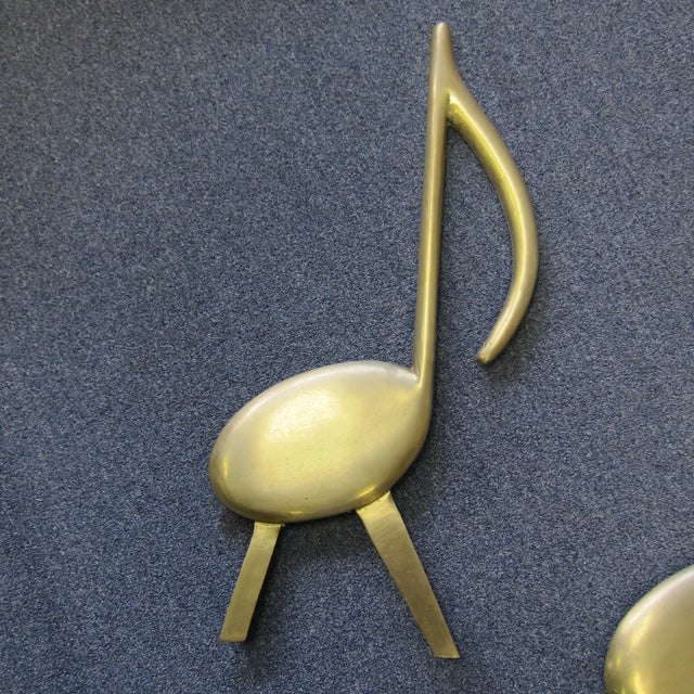 Mid-Century Modern 1940s Mid Century Modern Solid Brass Musical Note Andirons - a Pair For Sale - Image 3 of 11