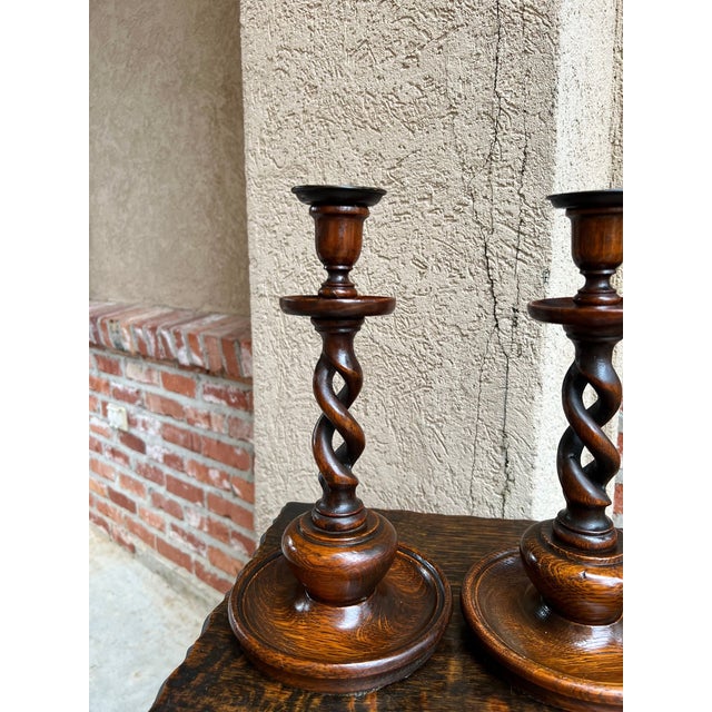 Antique English Oak Open Barley Twist Candlesticks Jacobean Pair C1890 11.0” For Sale - Image 16 of 18