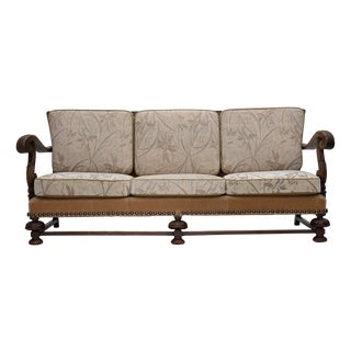 Vintage Danish Three-Seater Sofa in Furniture Fabric and Carved Oak, 1950s For Sale
