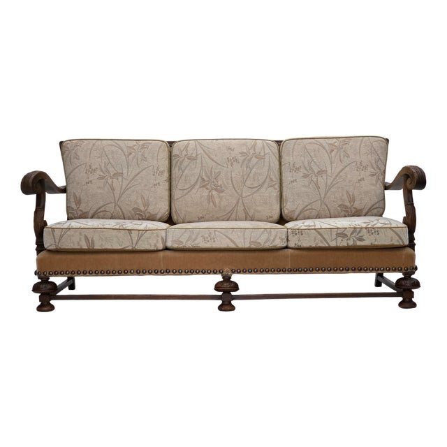 Vintage Danish Three-Seater Sofa in Furniture Fabric and Carved Oak, 1950s For Sale