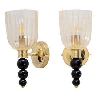 Italian Murano Glass Wall Sconces with Gold Dust Inclusions and Brass, 2000, Set of 2 For Sale