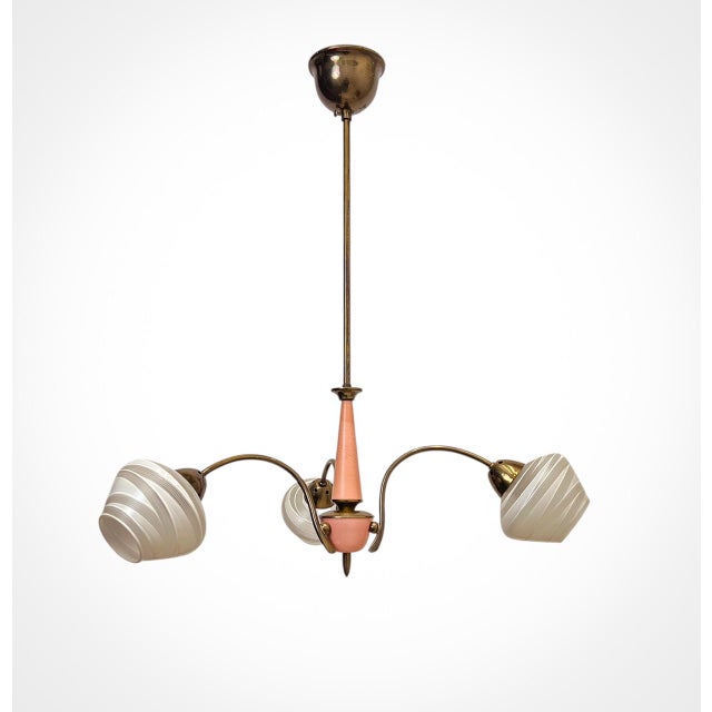 Elegant Sputnik-style Chandelier / Pendant lamp 3 arms with satinted striped glass lampshades and a pink “body”. The...