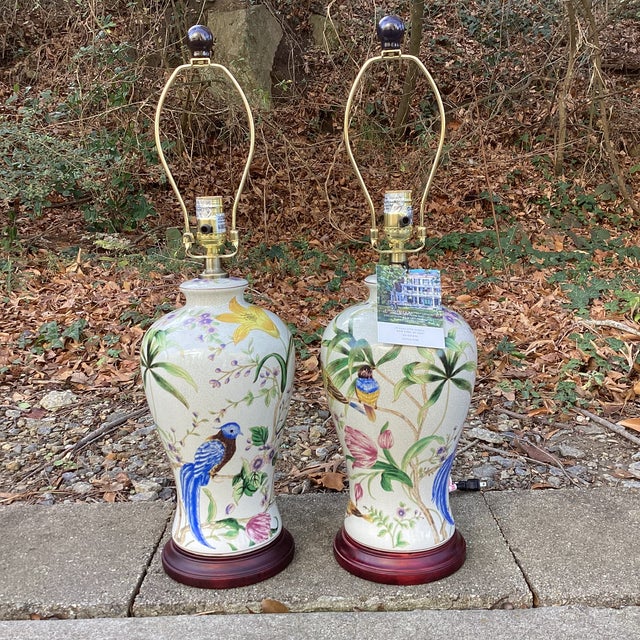 Late 20th Century Pair of Botanical Bird Lamps From Vanderbilt Whitney Estate For Sale - Image 4 of 7