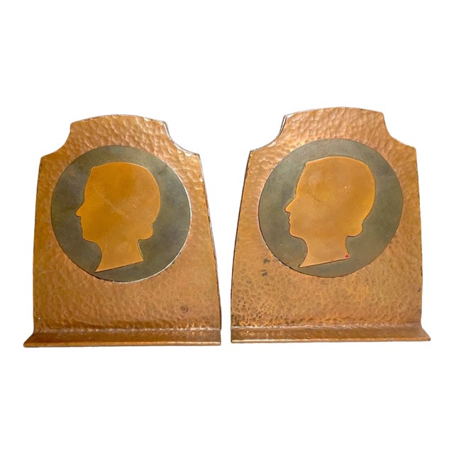 Antique Pair Hammered Arts & Crafts Cameo Copper Brass Wood Sculpture Bookends For Sale