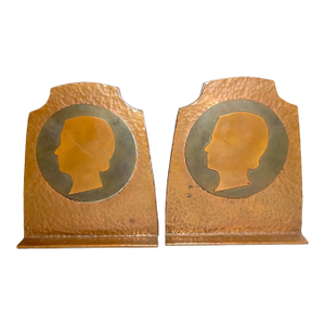 Antique Pair Hammered Arts & Crafts Cameo Copper Brass Wood Sculpture Bookends