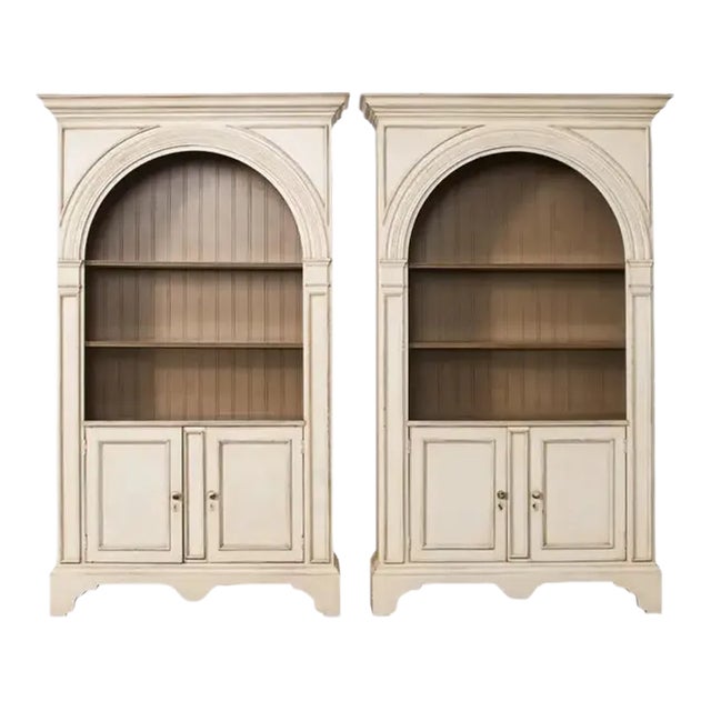 Pair of Baker Architectural Neoclassical Style Painted Library Bookcases For Sale