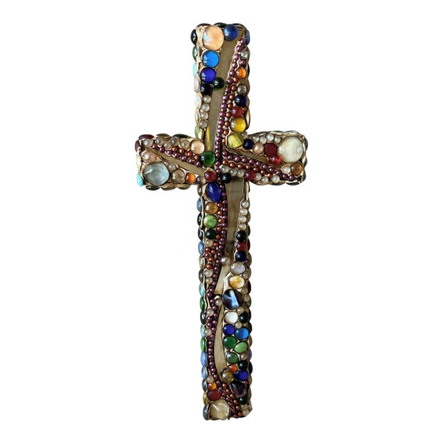 Late 20th-Century Mosaic-Style Faux "Jeweled" Stone, Glass & Wood Cross Wall Hanging For Sale