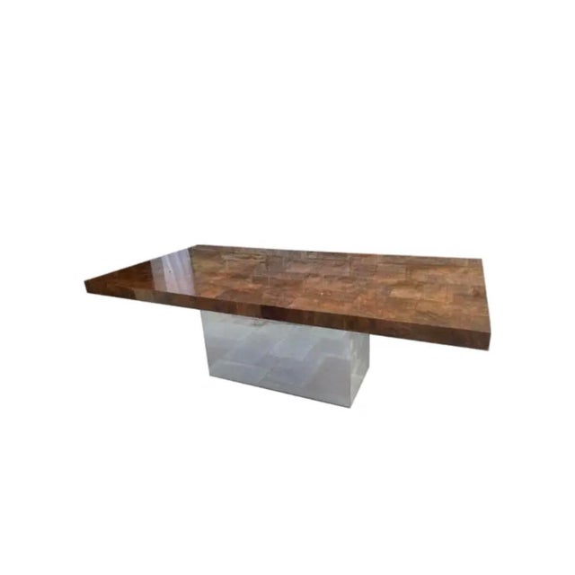 Milo Baughman Olive Burl Extension Dining Table on Chrome Plinth Base, 2 Leaves, 1976 For Sale - Image 9 of 11