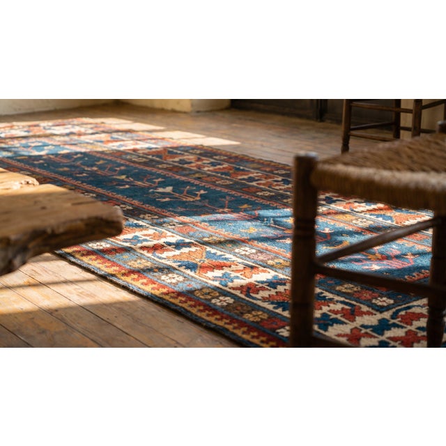 Textile 1880s Blue Navy Tribal Tree of Life Antique Caucasian Kazak Rug 3'7" X 8'2" Handknotted Wool Carpet For Sale - Image 7 of 9