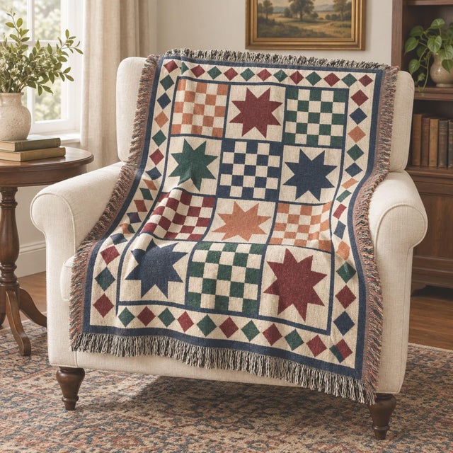 American Folk Art Star Woven Throw Blanket – Checkerboard Patchwork, 60 × 50 For Sale - Image 3 of 5