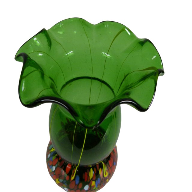 1980s 1980s Czech Bohemian Hand Blown Green Glass Vase Yellow Pulls and Multi-Colored Base For Sale - Image 5 of 12