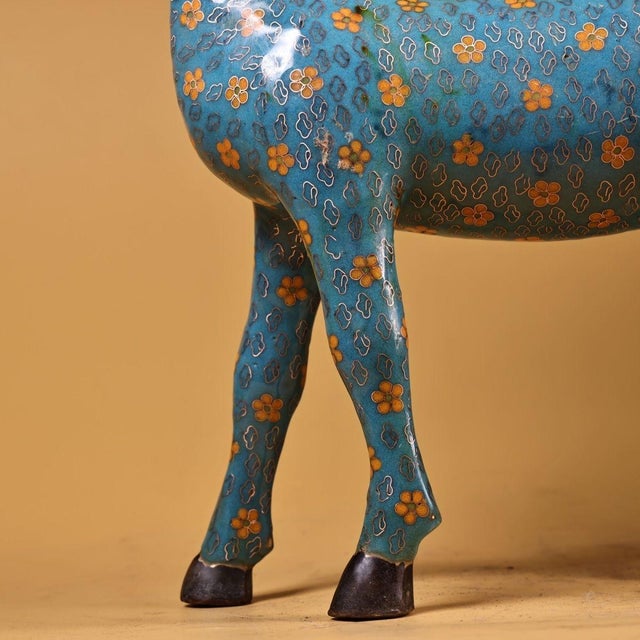 Cloisonné Enamel Deer Figurine, 4kg, Blue Ground With Floral Motifs For Sale - Image 4 of 9