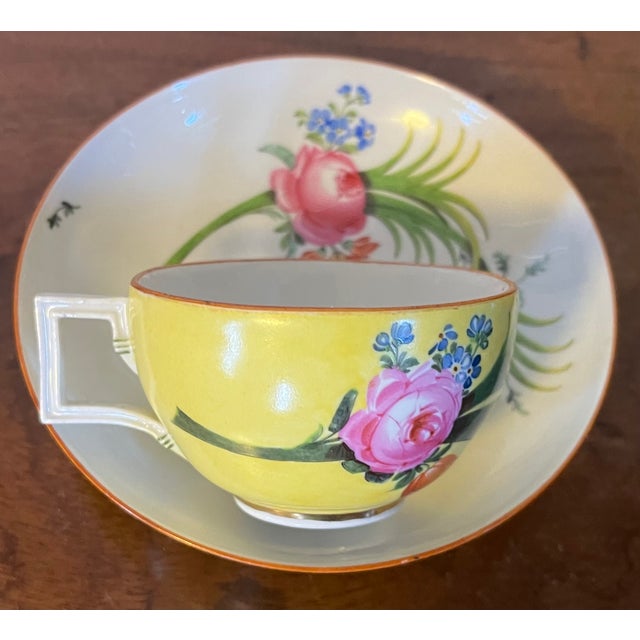 Ceramic Antique 19th Century Meissen Porcelain Tea Cup and Saucer With Tropical Floral Decoration on a Bright Yellow Ground For Sale - Image 7 of 11