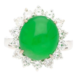 5.74 Carat Grade a Green Jade With Round-Cut Diamond Halo Ring Size 5.5 For Sale