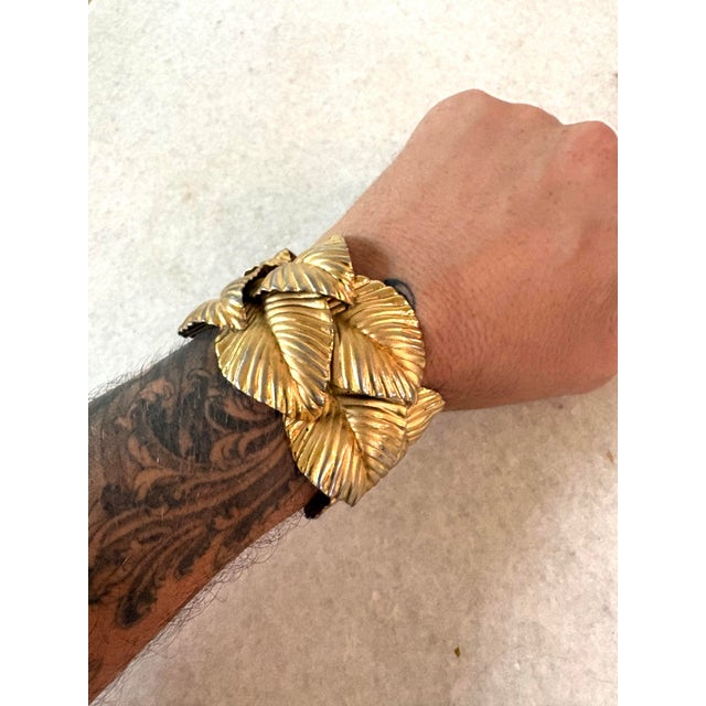Mid-Century Modern Vintage Gold Tone Metal Leaf Cuff Bracelet For Sale - Image 3 of 5