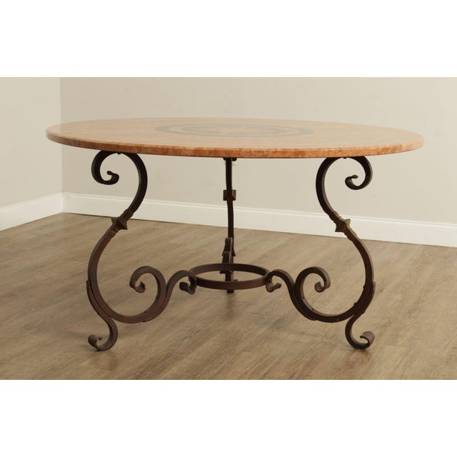 Traditional Tuscan Style Iron Scroll Base Round Marble Top Dining Table For Sale - Image 3 of 12