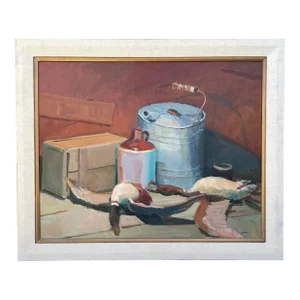 Mid 20th Century Vintage Still Life Oil on Canvas Original Painting, Rustic Scene With Geese, Framed