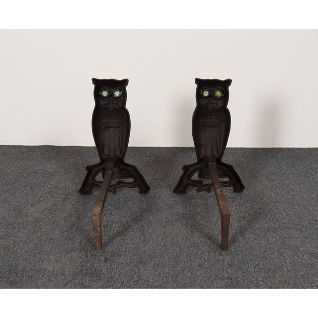Vintage Cast Iron Perched Owl Andirons With Blue Green Glass Eyes For Sale - Image 9 of 18