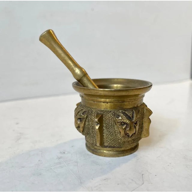 Gold Antique French Mortar with Lion Faces in Bronze For Sale - Image 8 of 8