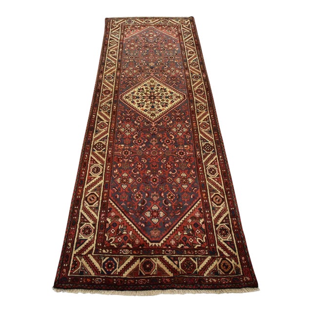 Hamedan Runner 3’8” X 9’10” Blue Wool Vintage Tribal Hand-Knotted Rug For Sale