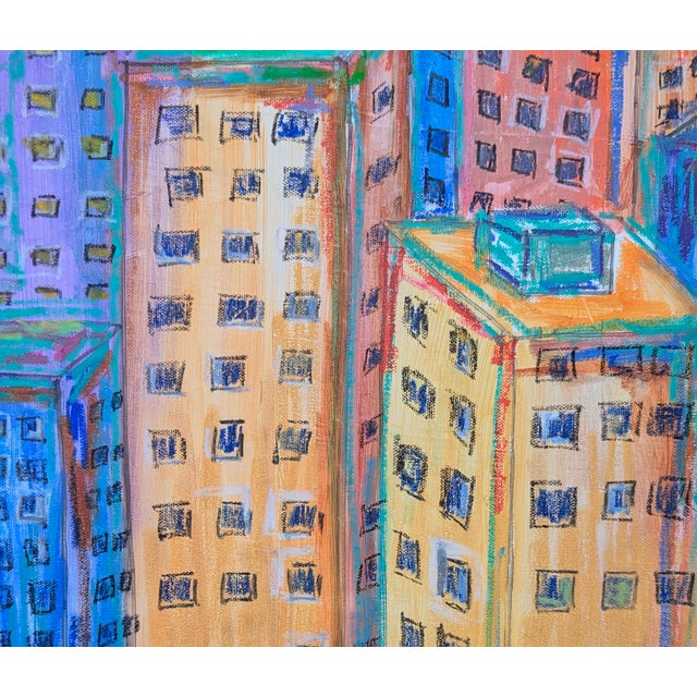 Textile Original Cityscape Skyline Oil Pastel Art Framed For Sale - Image 7 of 12