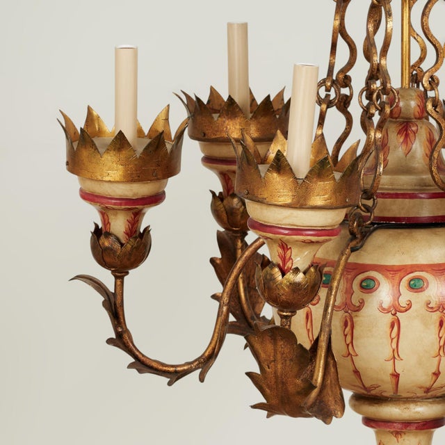 Metal Antique Italian Gilt Metal and Painted Wood Chandelier For Sale - Image 7 of 11