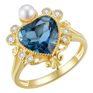 Kai "On My Heart" London Blue Topaz Diamond Pearl Cocktail Ring, size 7.5 For Sale