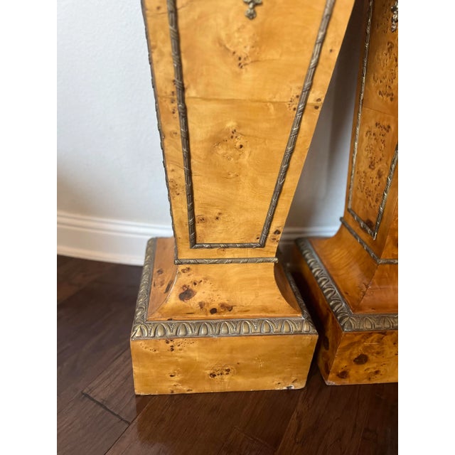 French Regency Style Pair of Burlwood Veneer Pedestal With Marble Top and Lion Head Brass Detail For Sale In Dallas - Image 6 of 13