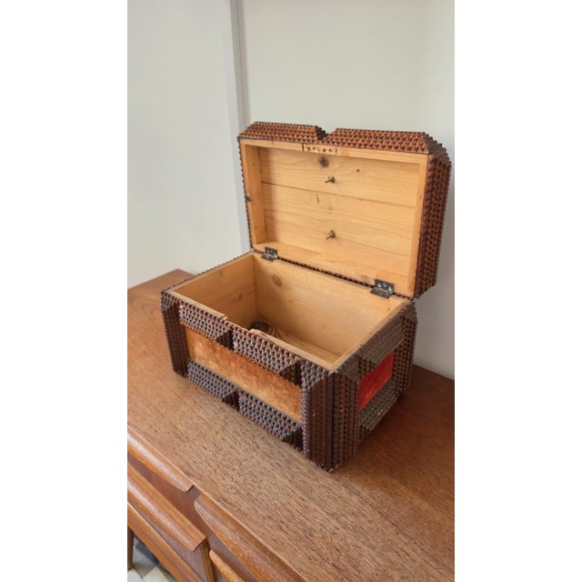Antique Tramp Art Wooden Box, Hand Carved Folk Art Chest, Chip Carved Jewelry Box, Rustic Primitive Storage, Collectible Decor For Sale - Image 10 of 17