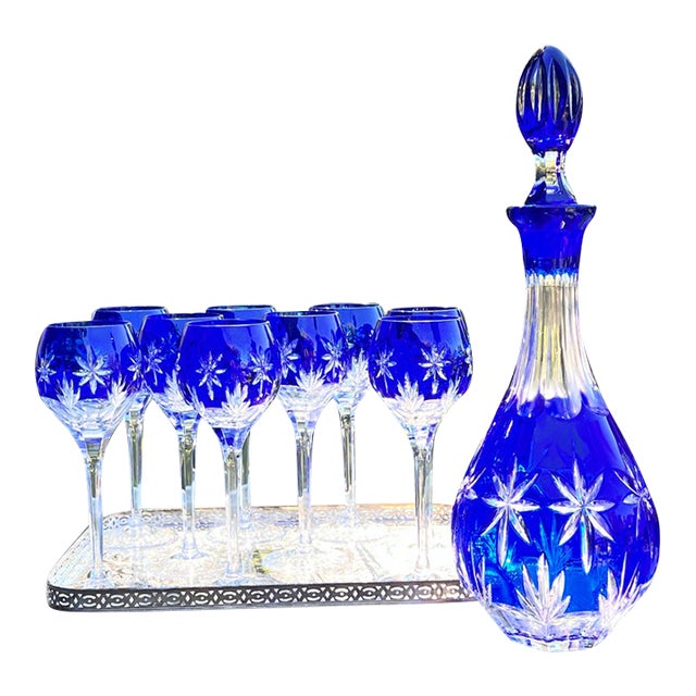 Vintage Set of 9 Horst Belda Germany Sapphire Cut-to-Clear Wine Hocks With Matching Decanter - 10 pcs For Sale