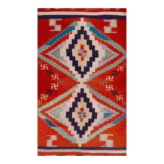 1930s Red Small Antique Tribal Geometric Native American Navajo Flat Weave Rug For Sale