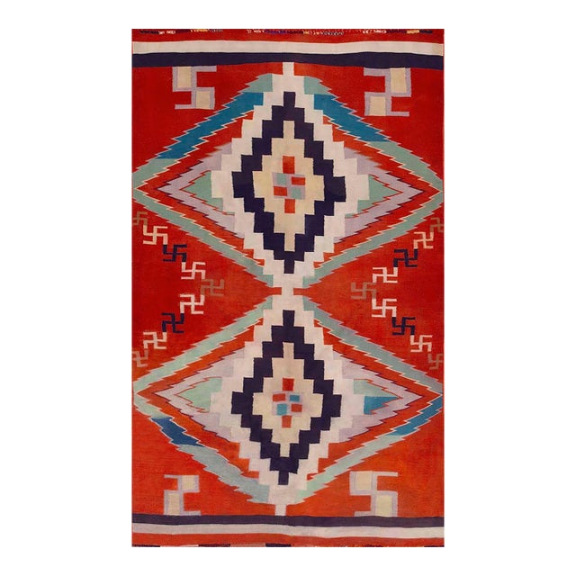 1930s Red Small Antique Tribal Geometric Native American Navajo Flat Weave Rug For Sale