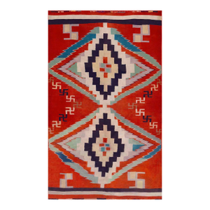1930s Red Small Antique Tribal Geometric Native American Navajo Flat Weave Rug