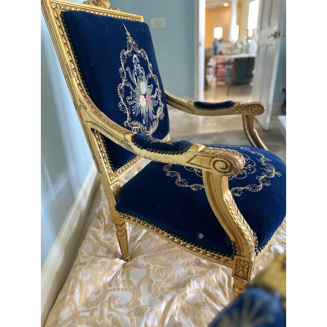 Mid 20th Century French Louis XVI Style Giltwood & Navy Embroidered Velvet Fauteuils- Pair For Sale - Image 14 of 18